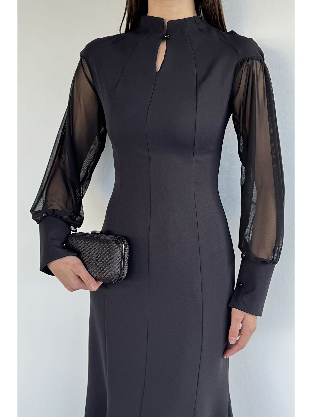 Siyah Kadın Sırt Fermuarlı Kollar Tüllü Abiye-2