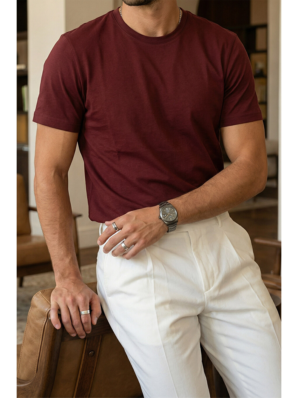 Bordo Erkek Regular Fit Yüksek Kalite %100 Pamuk Basic Tişört 24/1-2