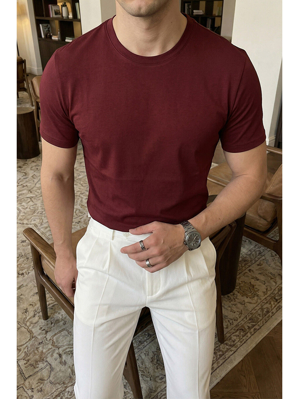 Bordo Erkek Regular Fit Yüksek Kalite %100 Pamuk Basic Tişört 24/1-5