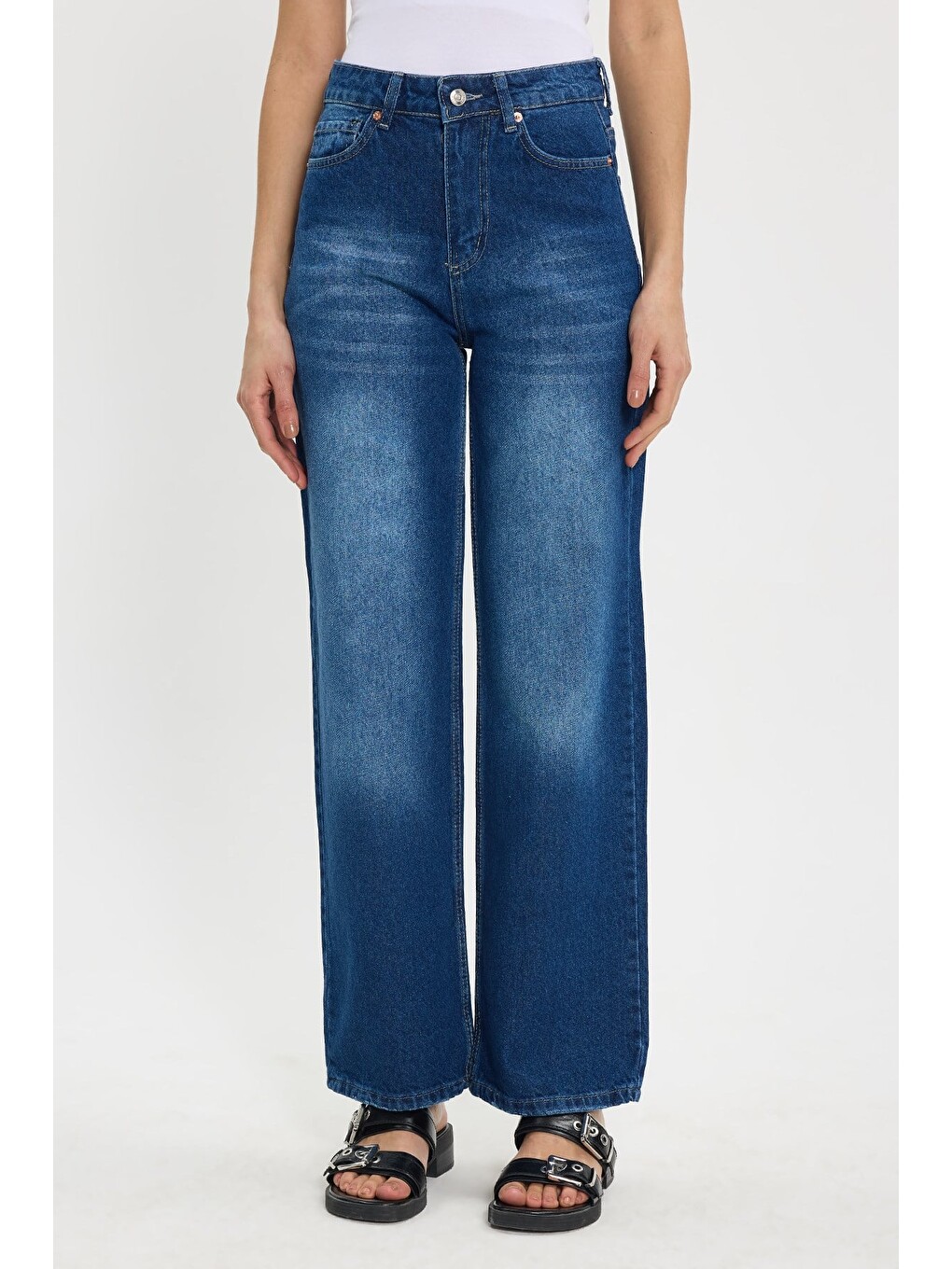 Kadın Relax Fit Rahat Kesim %100 Pamuk Cepli Geniş Paça Lacivert Jean Jean Pantolon-1