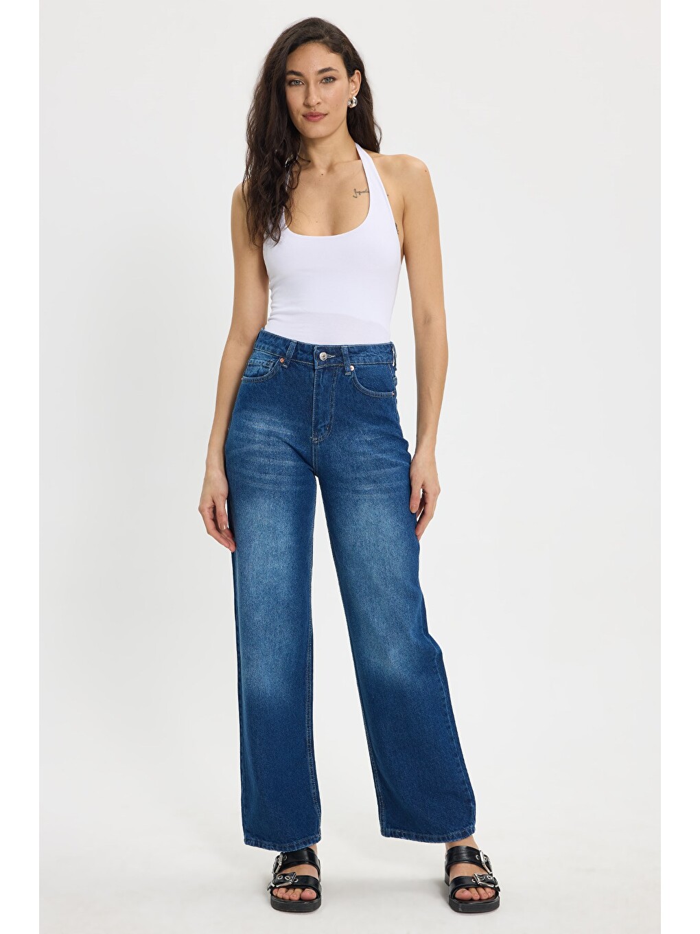 Kadın Relax Fit Rahat Kesim %100 Pamuk Cepli Geniş Paça Lacivert Jean Jean Pantolon-2