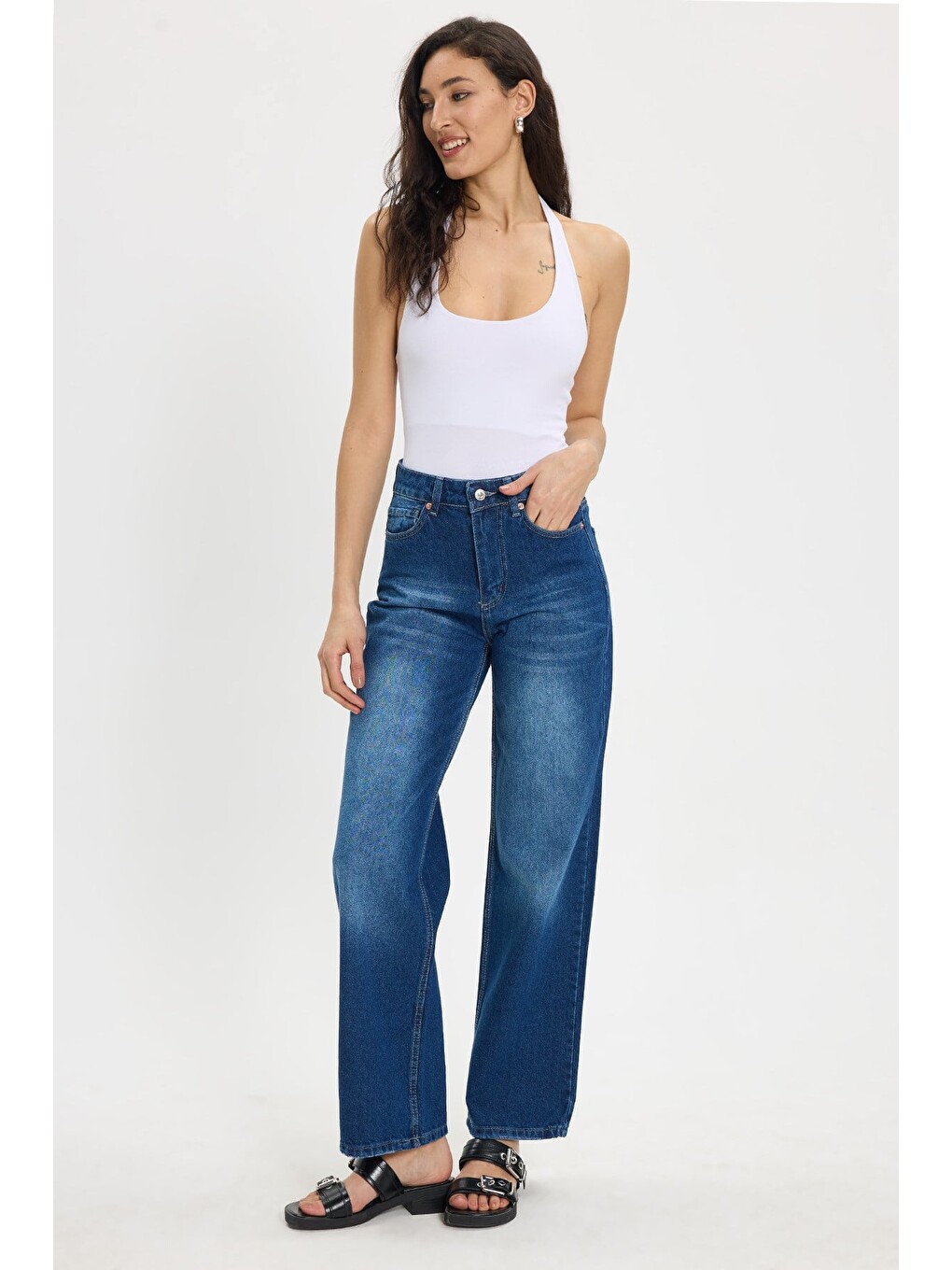 Kadın Relax Fit Rahat Kesim %100 Pamuk Cepli Geniş Paça Lacivert Jean Jean Pantolon-6