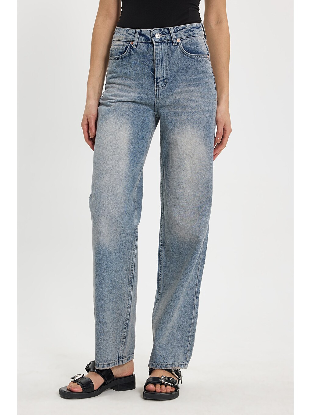 Kadın Relax Fit Rahat Kesim %100 Pamuk Cepli Geniş Paça Mavi Jean Jean Pantolon-1