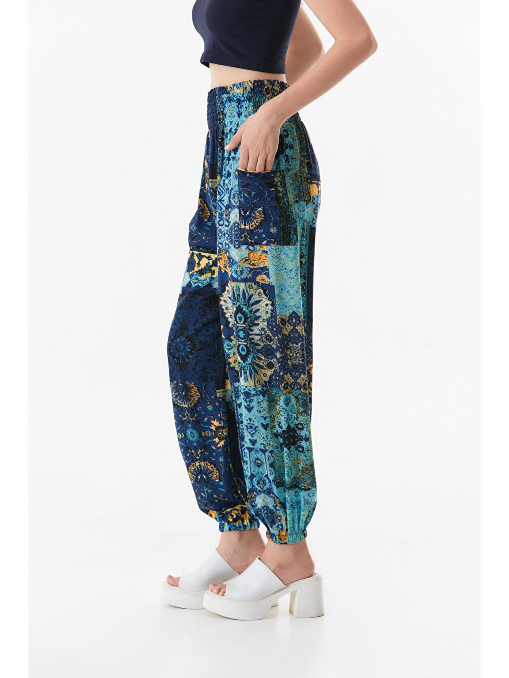 Mavi Desenli Beli Lastikli Şalvar Pantolon-2