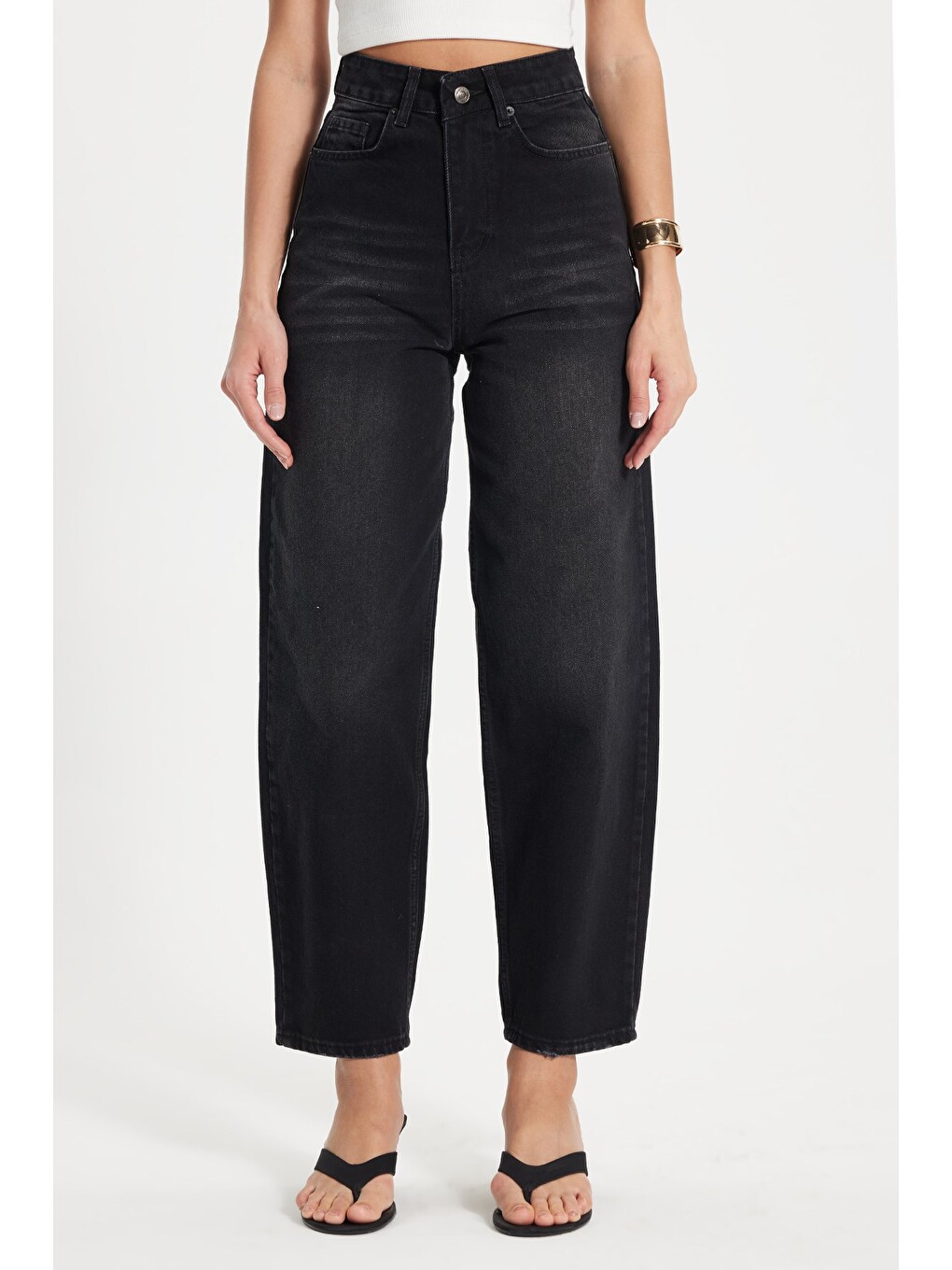 Kadın Relax Fit Rahat Kesim %100 Pamuk Cepli Geniş Paça Siyah Jean Jean Pantolon-1