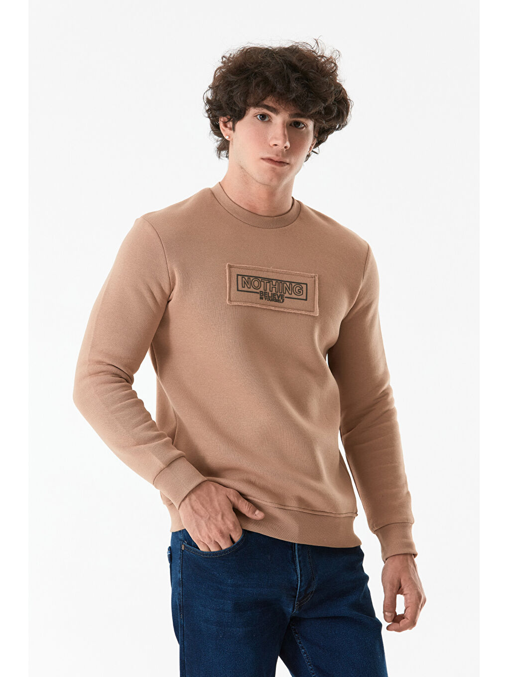 Fullamoda Camel-Bej Yazı Baskılı Bisiklet Yaka Sweatshirt