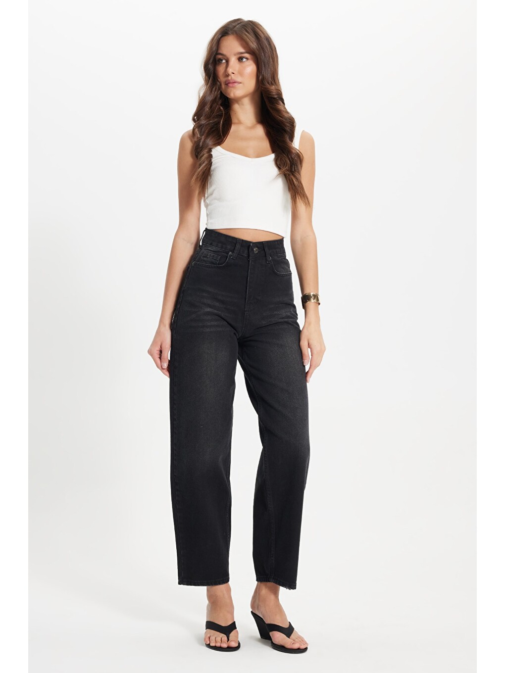Kadın Relax Fit Rahat Kesim %100 Pamuk Cepli Geniş Paça Siyah Jean Jean Pantolon-6