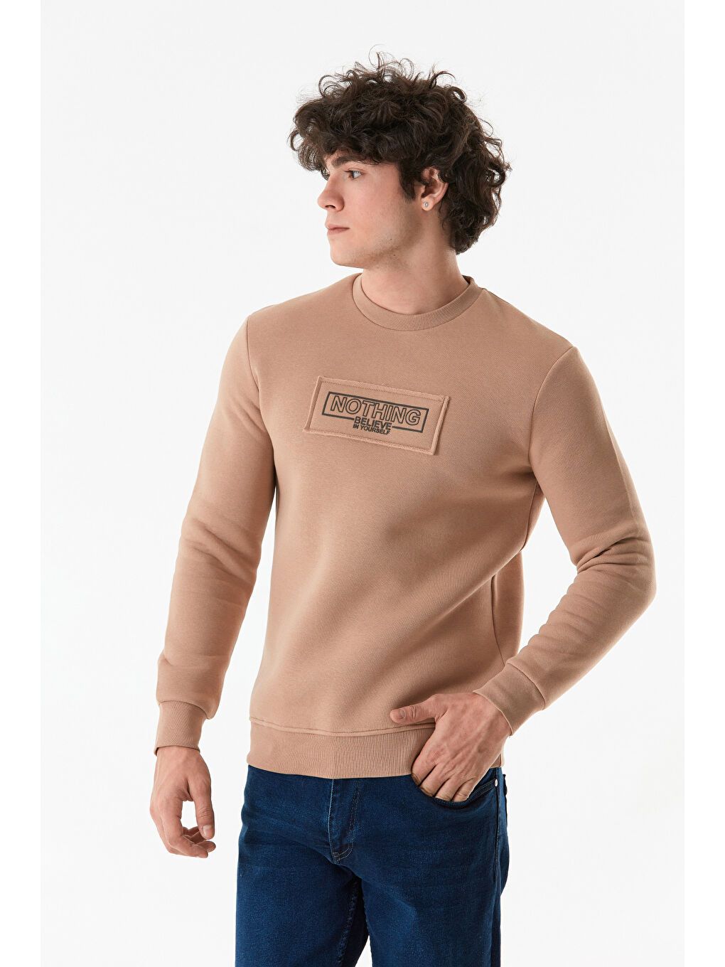 Fullamoda Camel-Bej Yazı Baskılı Bisiklet Yaka Sweatshirt - 2