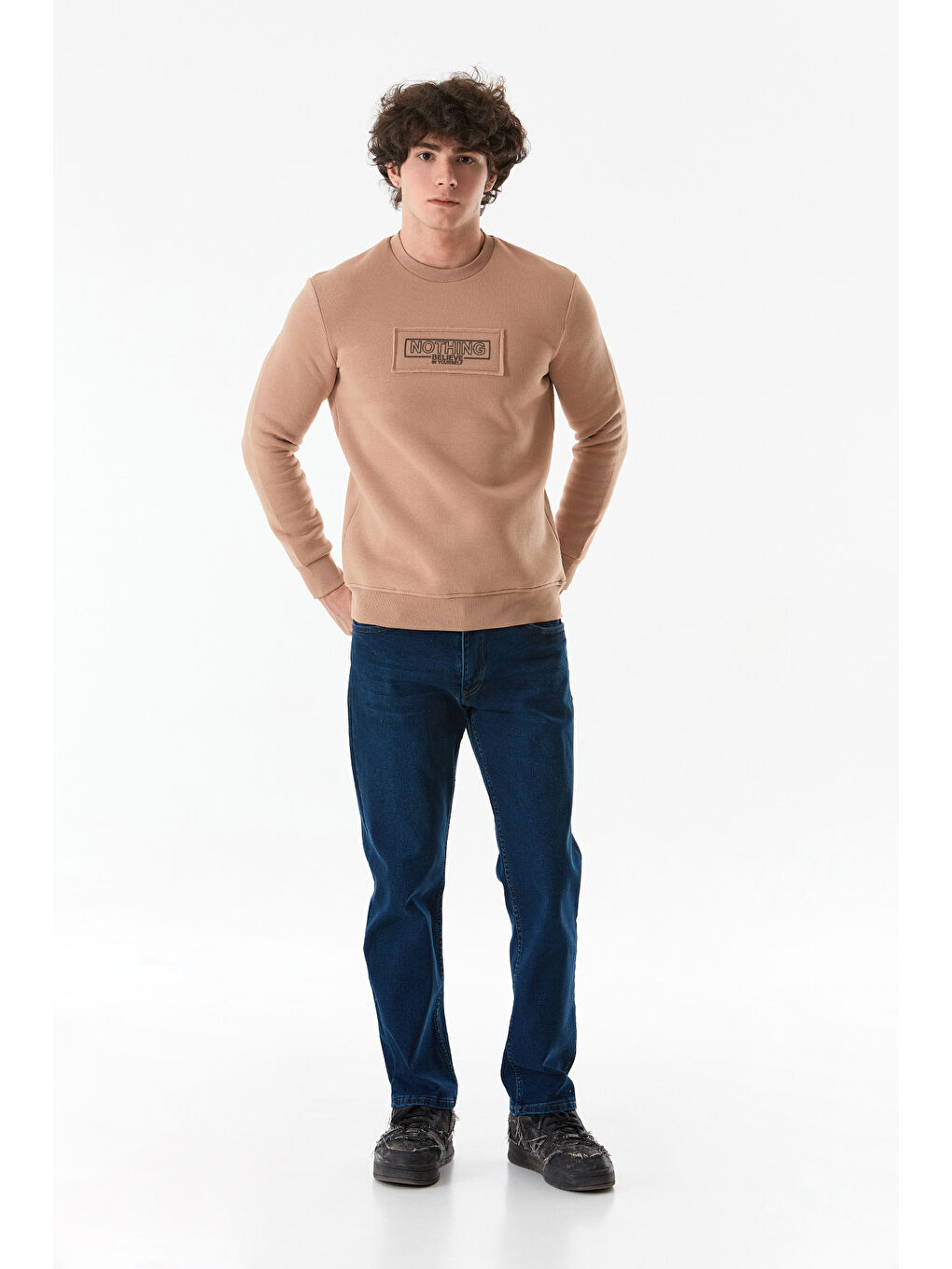 Fullamoda Camel-Bej Yazı Baskılı Bisiklet Yaka Sweatshirt - 3