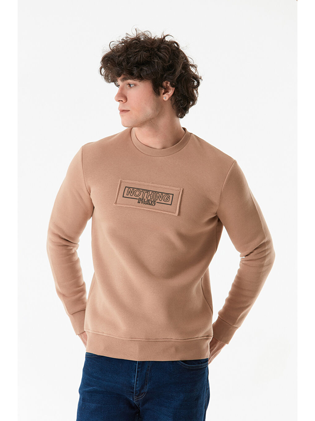 Fullamoda Camel-Bej Yazı Baskılı Bisiklet Yaka Sweatshirt - 4