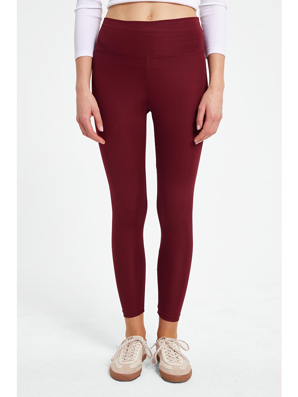 Kadın Slim Fit Dar Kesim Scuba Kumaş Beli Lastikli Bordo Tayt