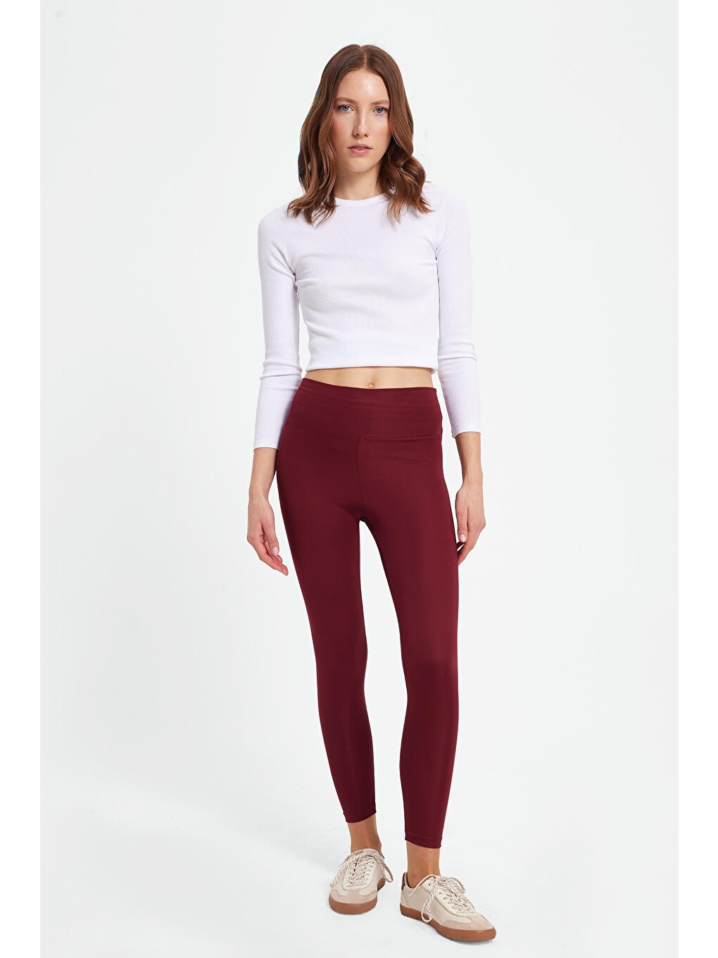Kadın Slim Fit Dar Kesim Scuba Kumaş Beli Lastikli Bordo Tayt-1