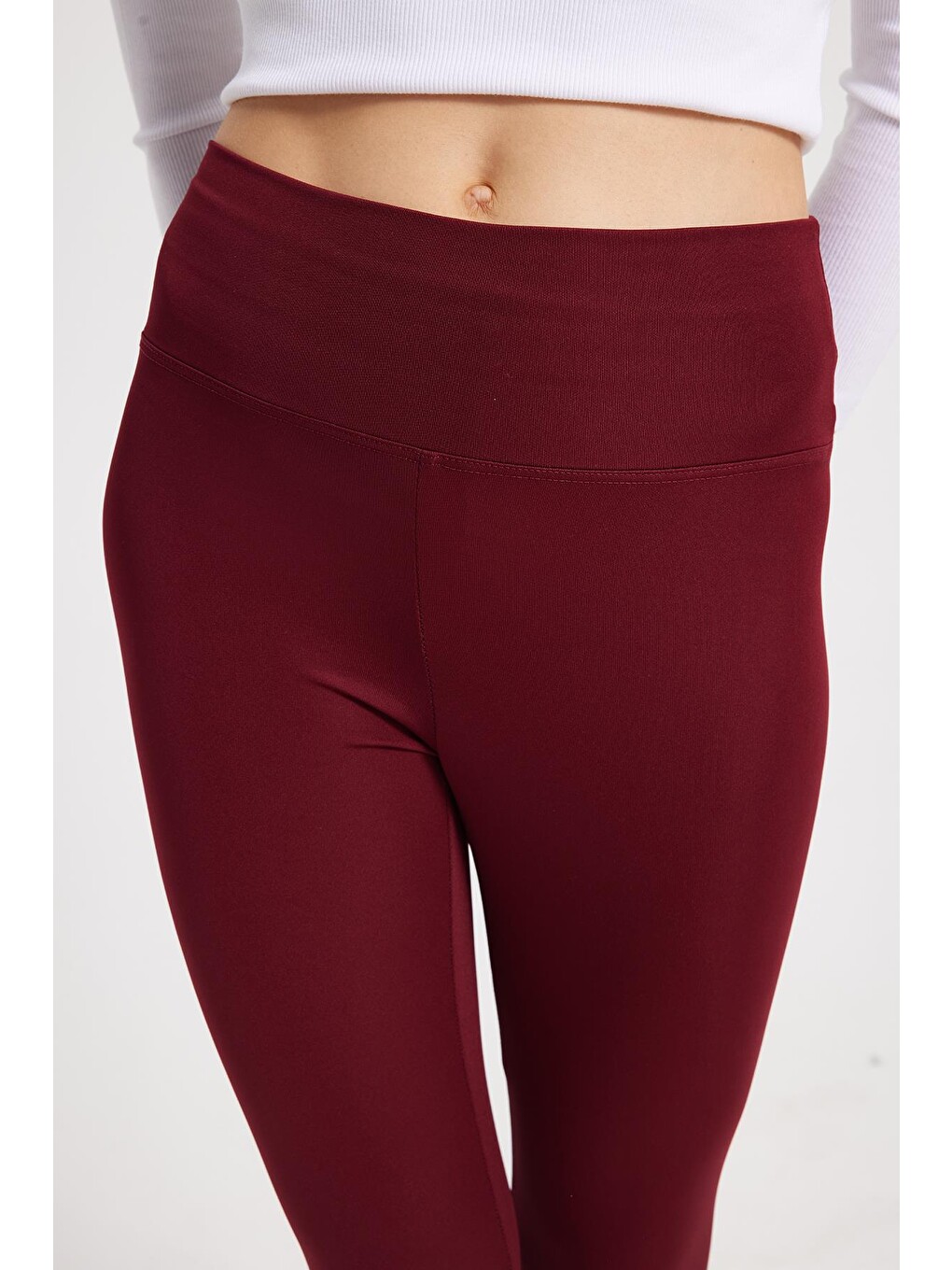 Kadın Slim Fit Dar Kesim Scuba Kumaş Beli Lastikli Bordo Tayt-2