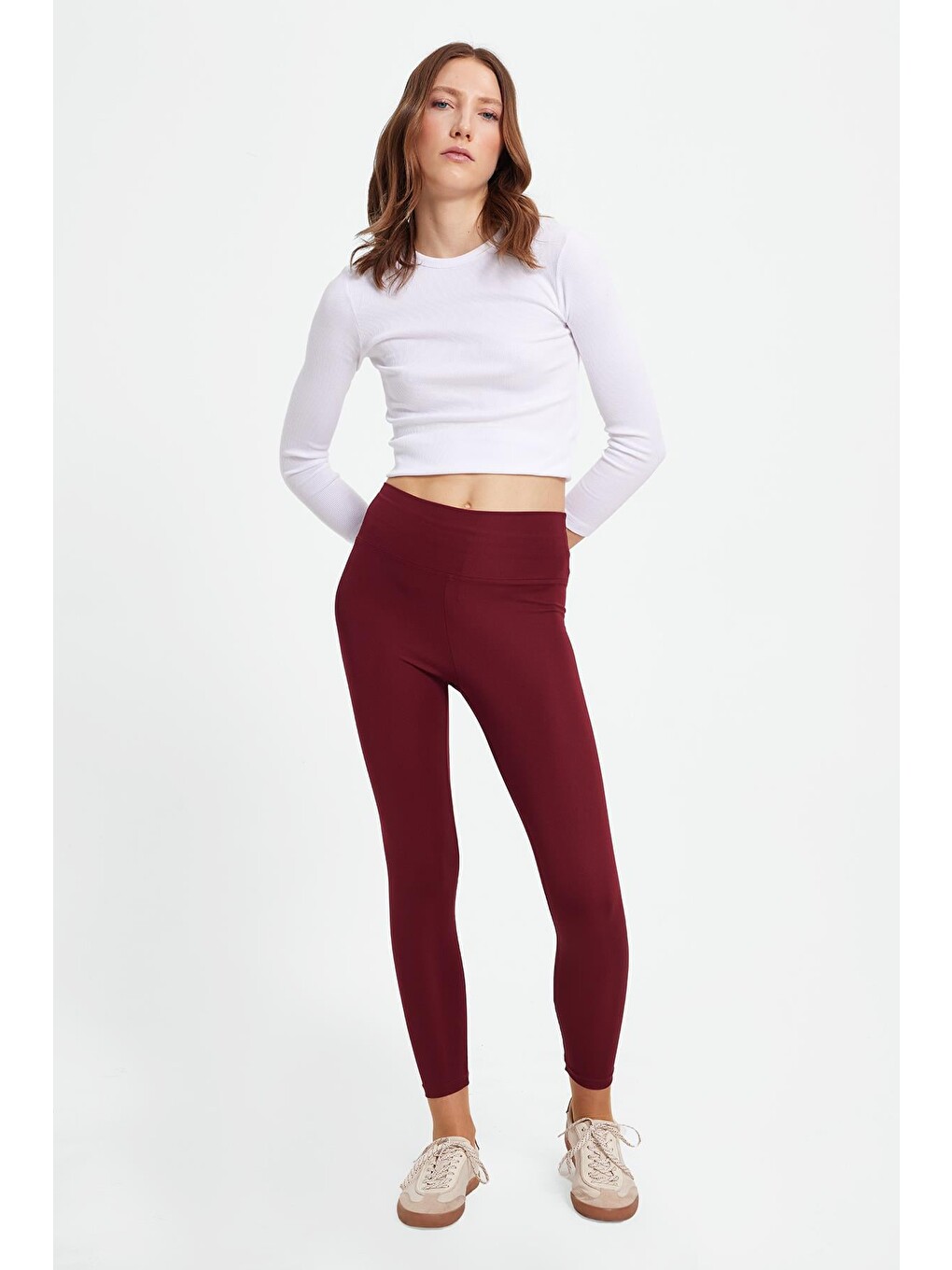 Kadın Slim Fit Dar Kesim Scuba Kumaş Beli Lastikli Bordo Tayt-4