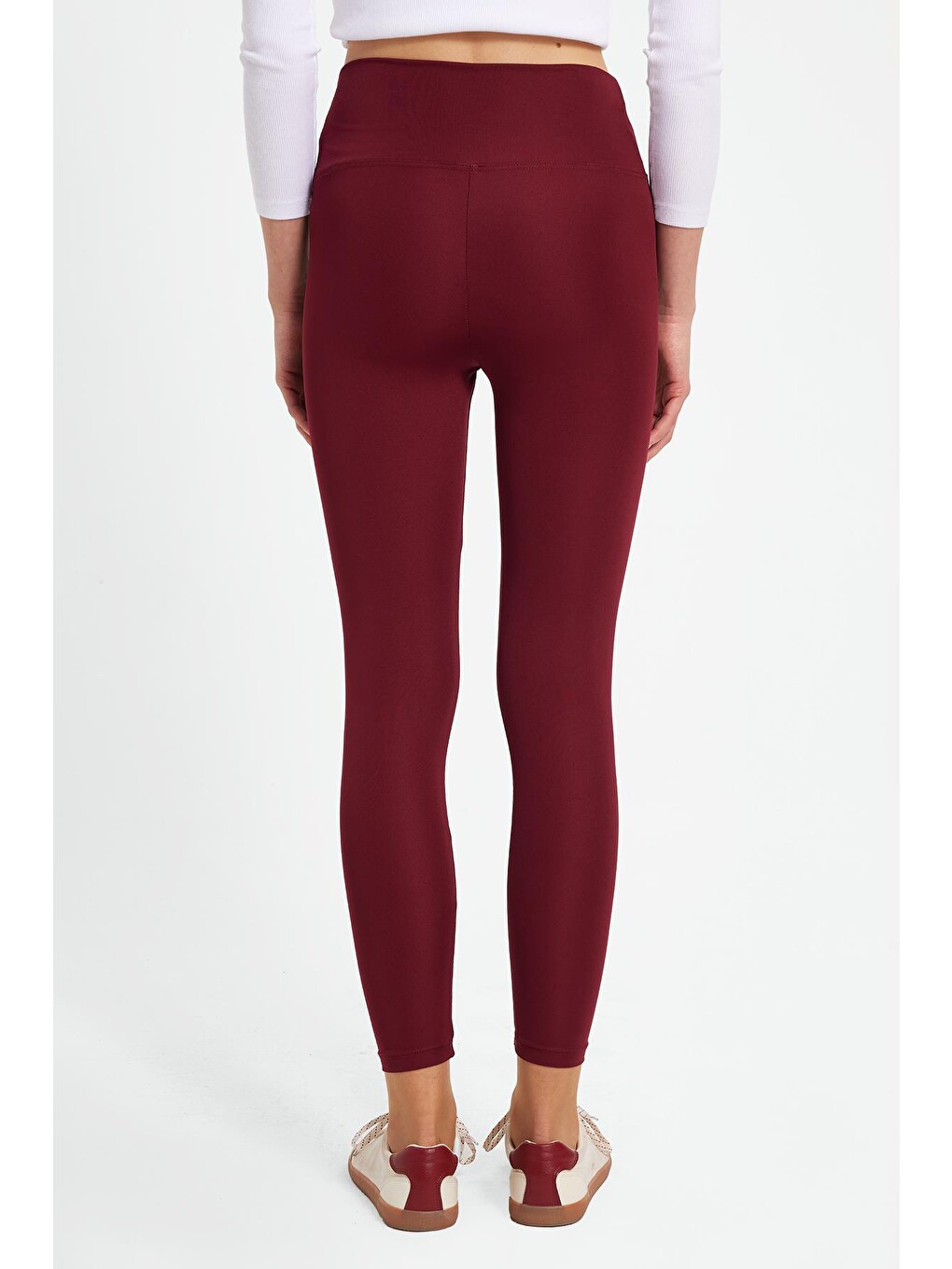 Kadın Slim Fit Dar Kesim Scuba Kumaş Beli Lastikli Bordo Tayt-5