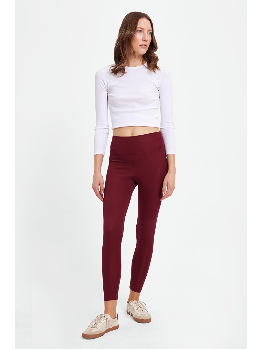 Kadın Slim Fit Dar Kesim Scuba Kumaş Beli Lastikli Bordo Tayt-6