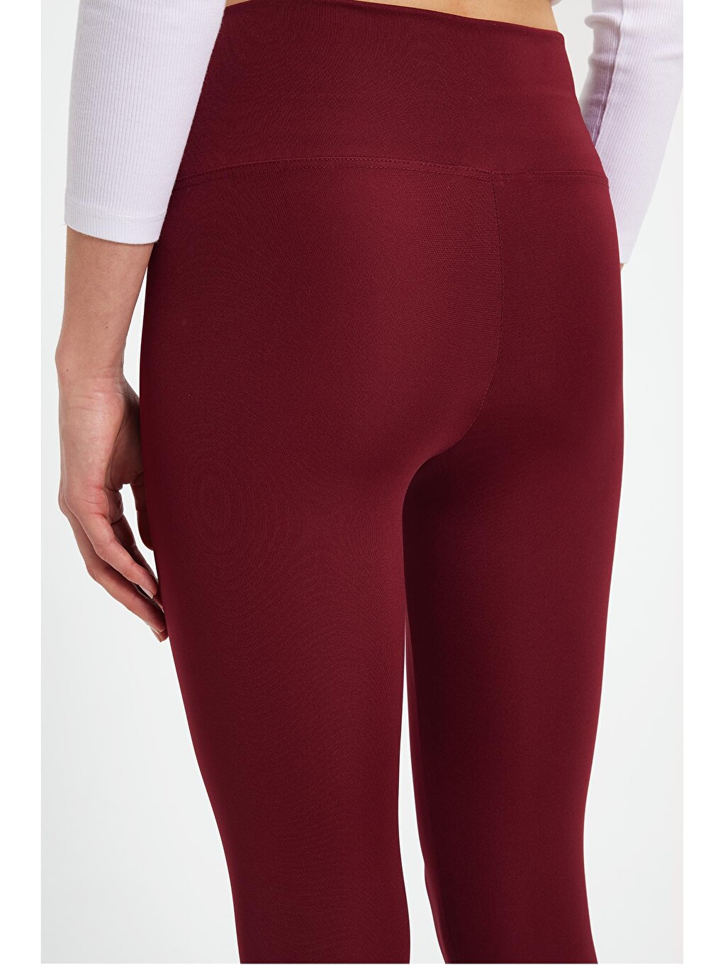 Kadın Slim Fit Dar Kesim Scuba Kumaş Beli Lastikli Bordo Tayt-7