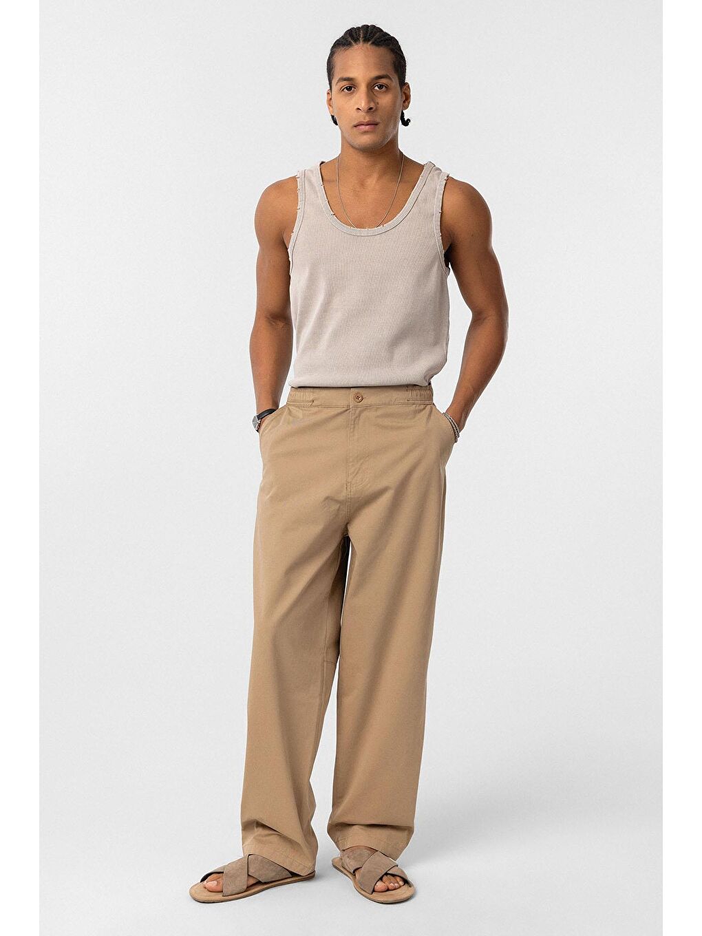 Kahverengi Yıkamalı Gabardin Baggy Erkek Pantolon Taba