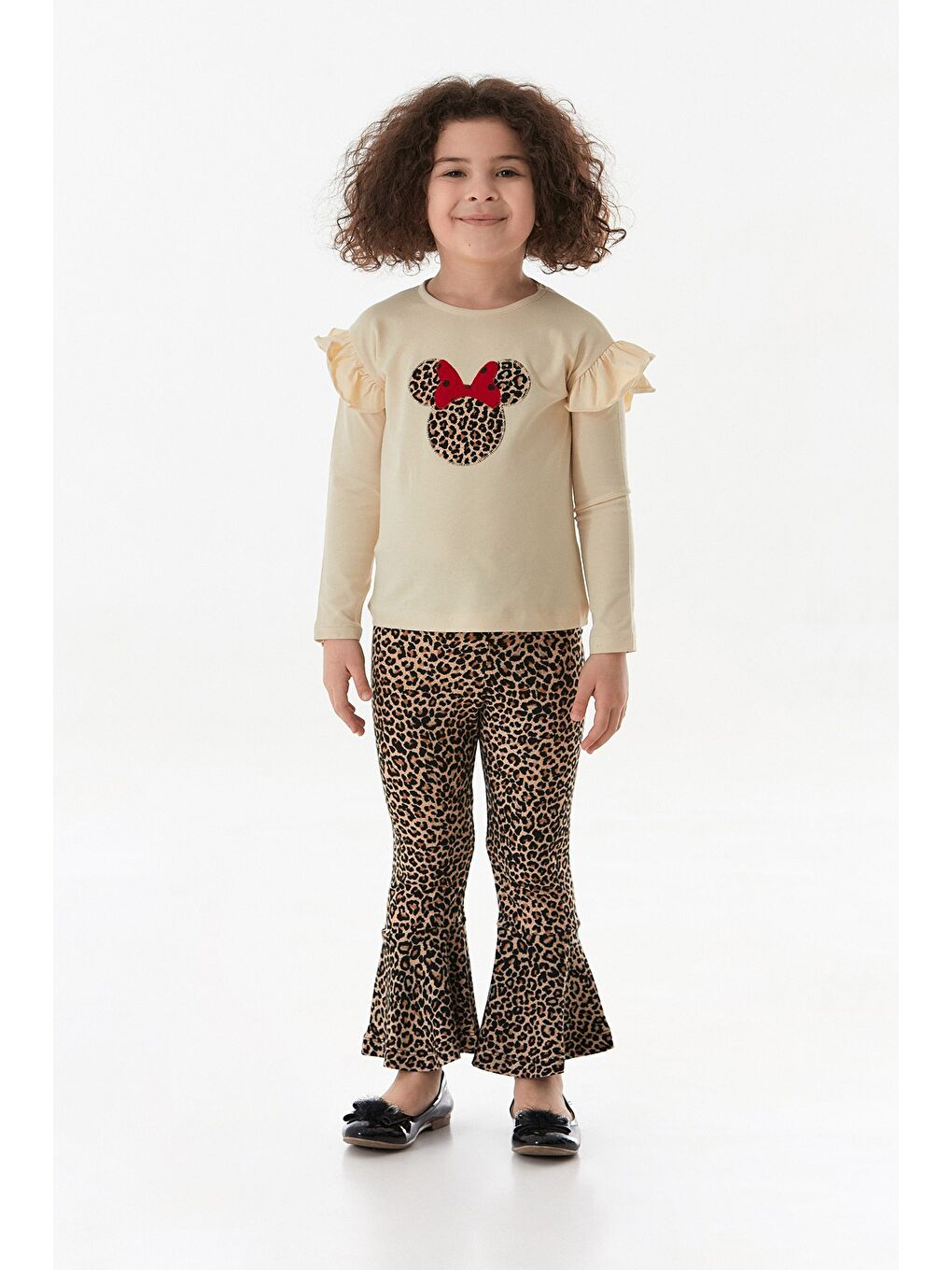 Bej Leopar Desenli Karakter Nakışlı Kız Çocuk Flare Takım-1