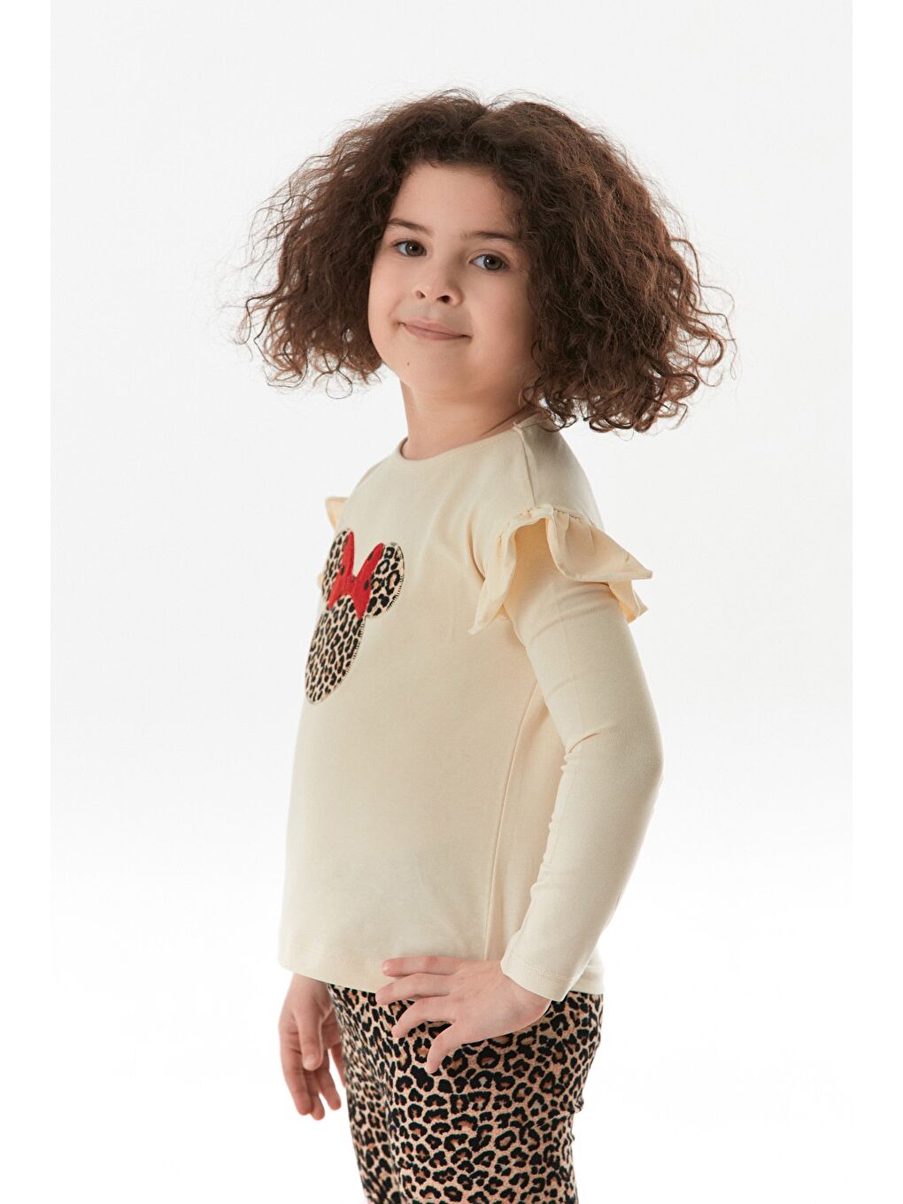 Bej Leopar Desenli Karakter Nakışlı Kız Çocuk Flare Takım-3