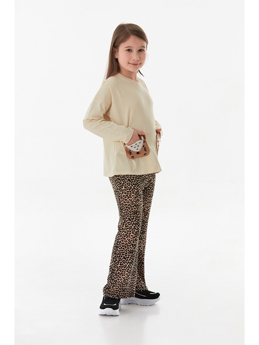 Bej Leopar Desenli Cepli Flare 2 Li Kız Çocuk Takım-1