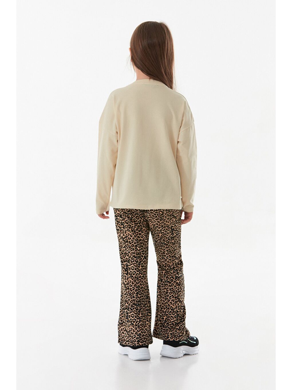 Bej Leopar Desenli Cepli Flare 2 Li Kız Çocuk Takım-3