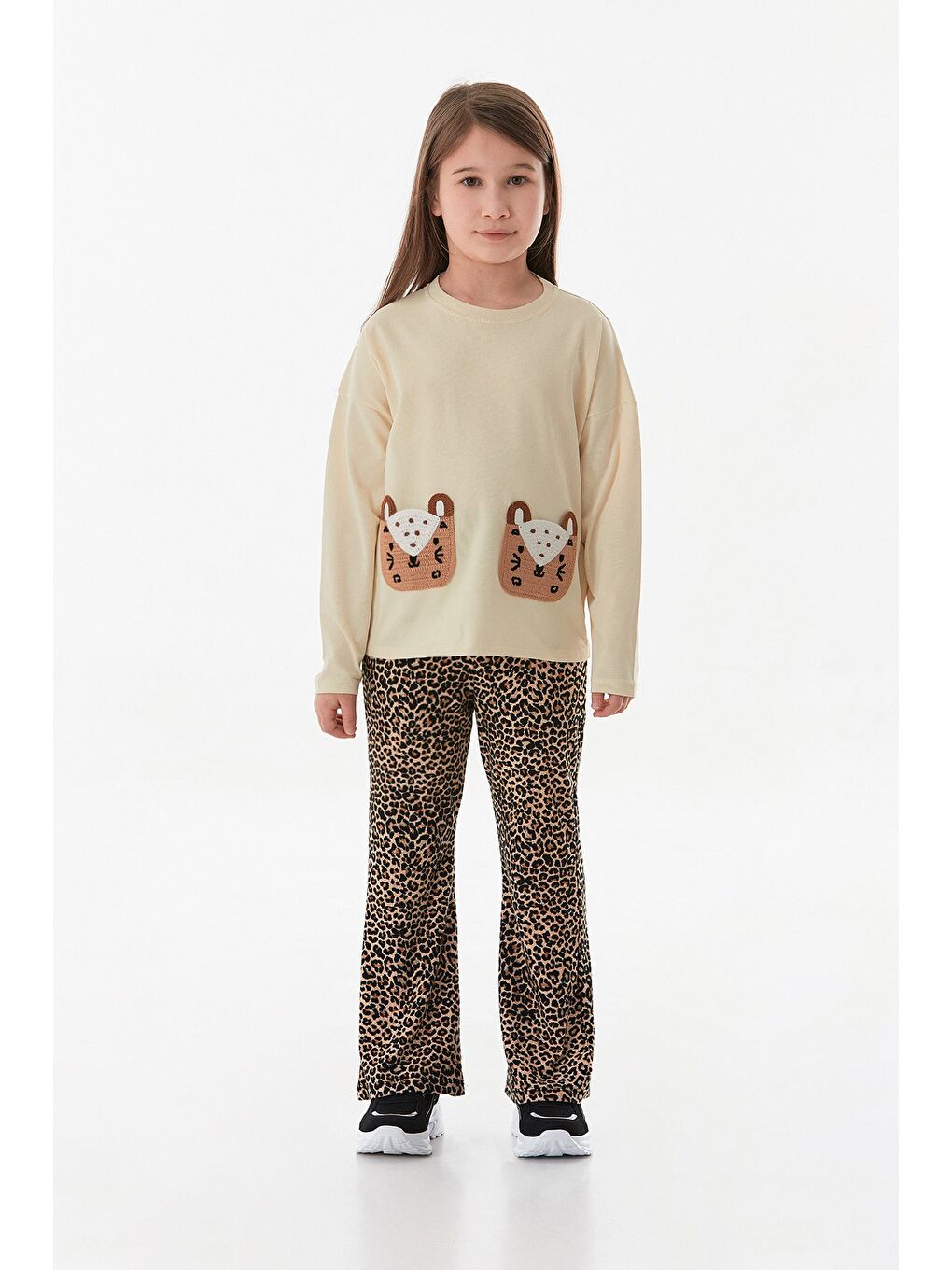 Bej Leopar Desenli Cepli Flare 2 Li Kız Çocuk Takım-4