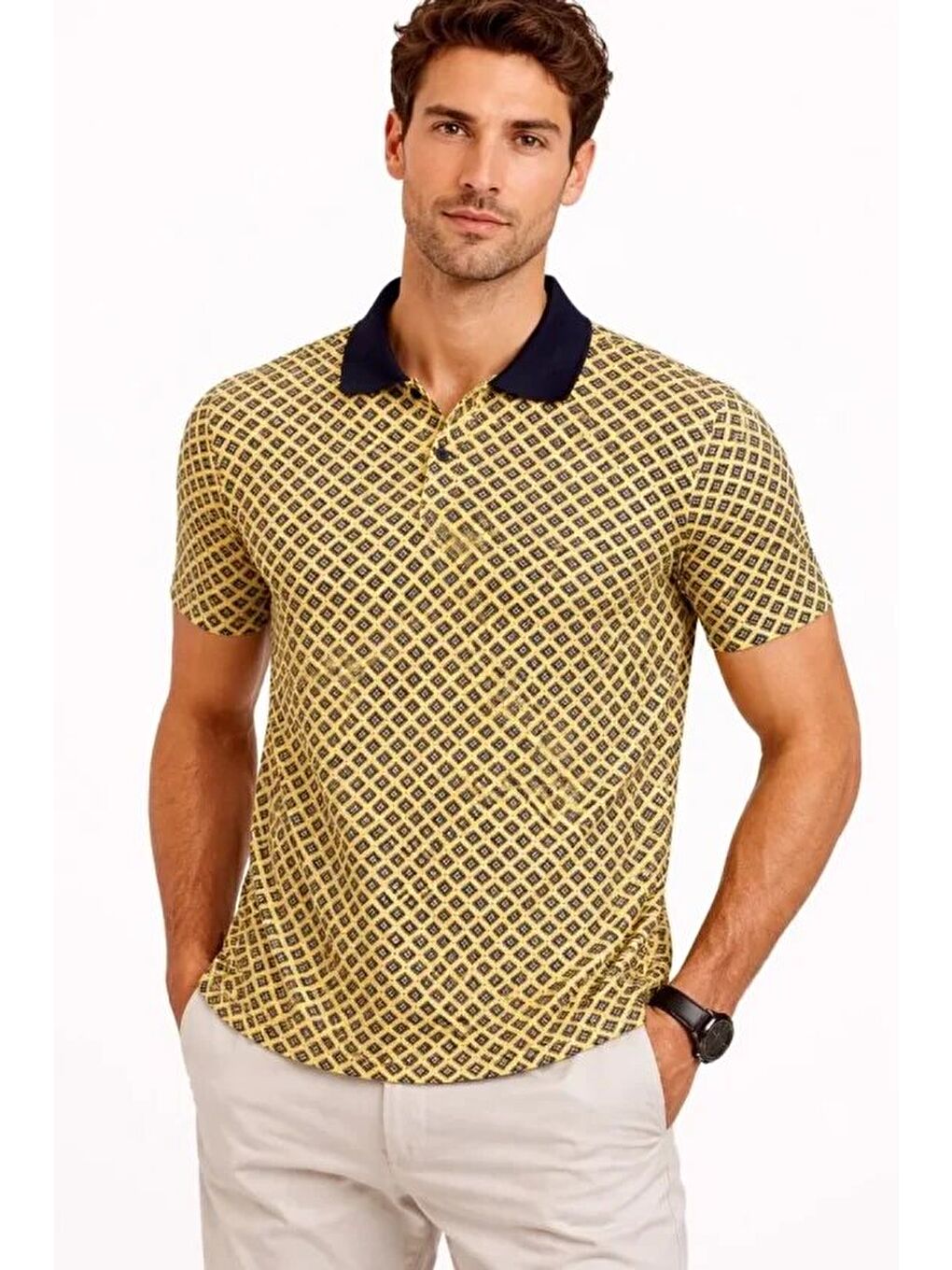Sarı Erkek Pike Kumaş Polo Yaka Desenli Tişört