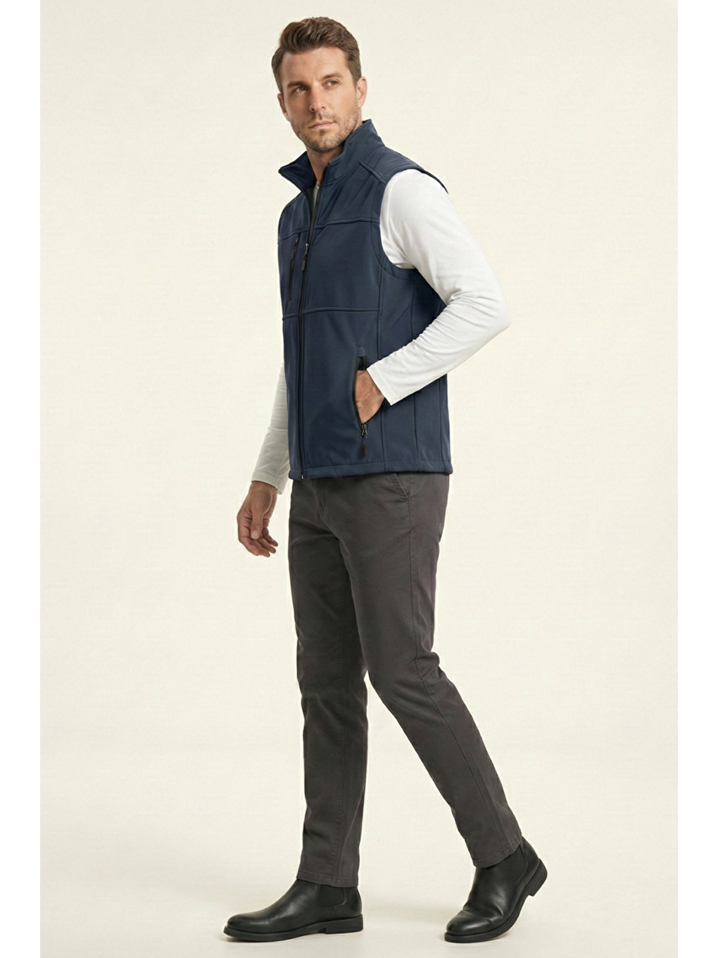 Lacivert Erkek Yelek Softshell Su Geçirmez Tam Fermuarlı Cepli Normal Kalıp Spor Yelek-1