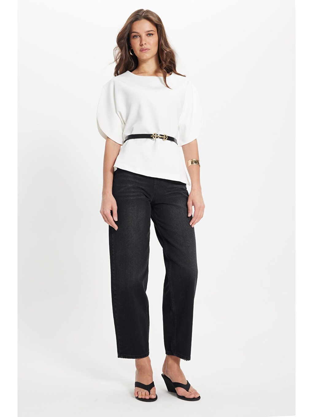 Kadın Slim Fit Dar Kesim Yarasa Kol İnce Kemerli Fermuarlı Beyaz Bluz Gömlek-1