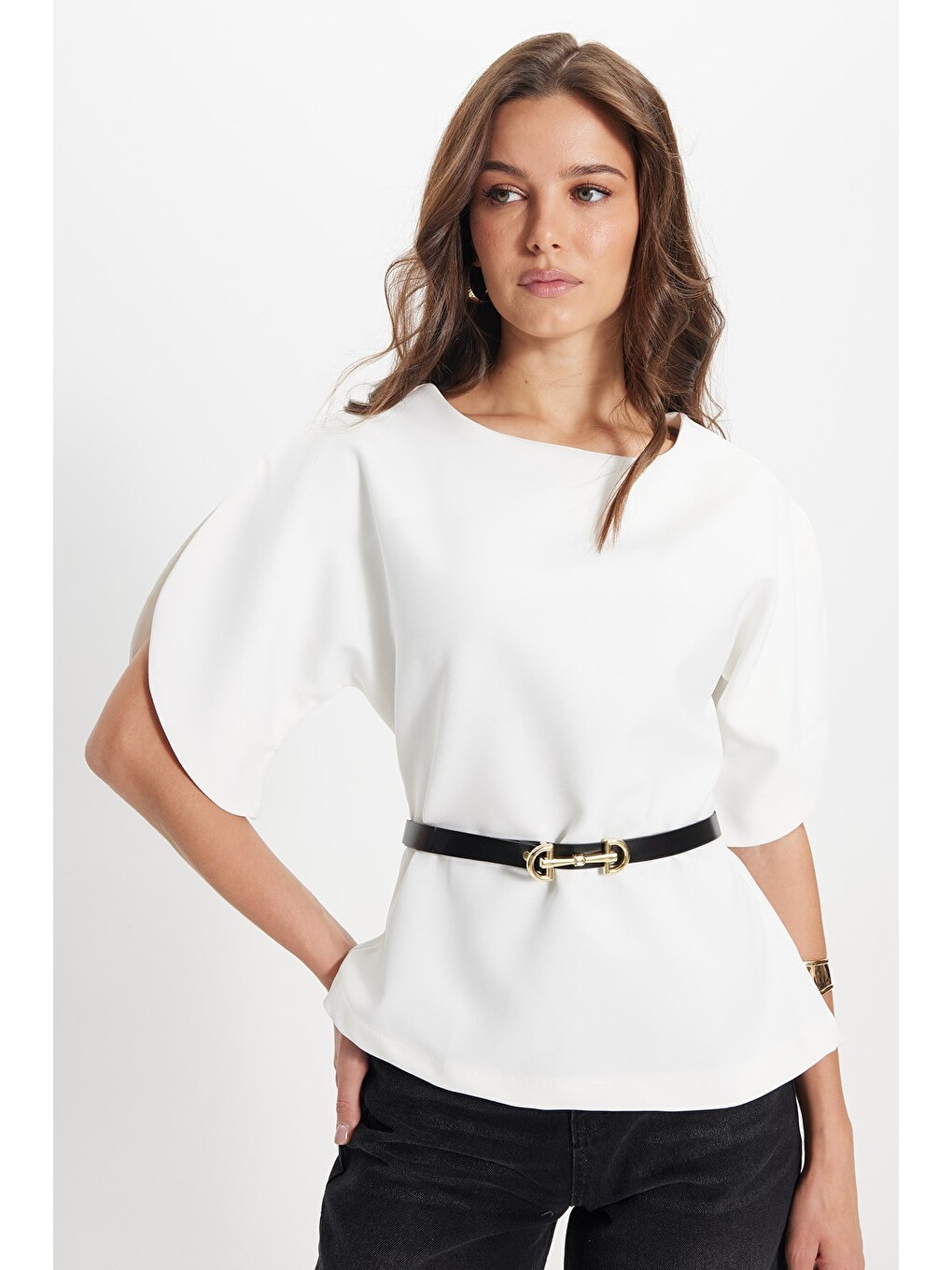 Kadın Slim Fit Dar Kesim Yarasa Kol İnce Kemerli Fermuarlı Beyaz Bluz Gömlek-7