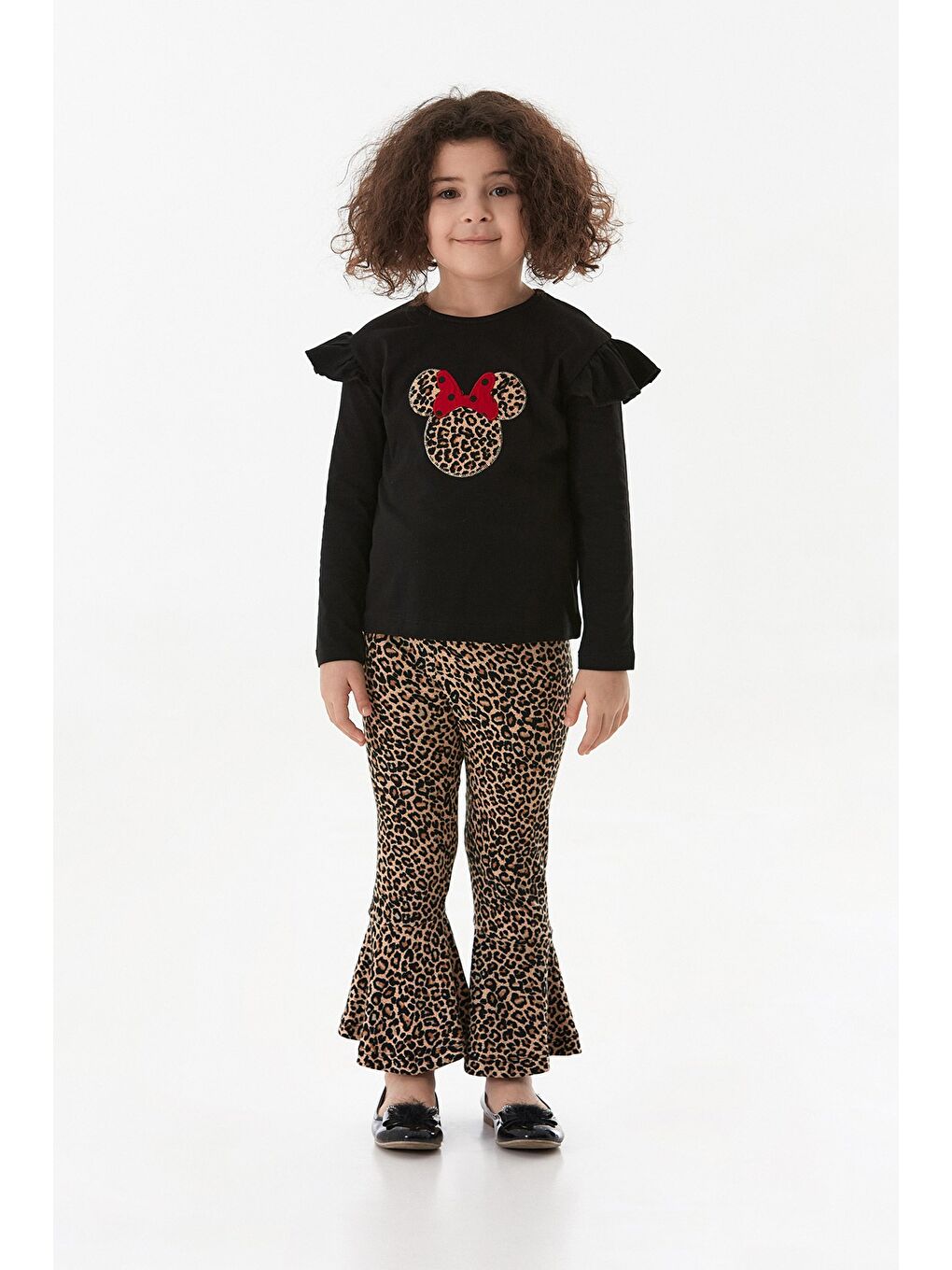 Siyah Leopar Desenli Karakter Nakışlı Kız Çocuk Flare Takım