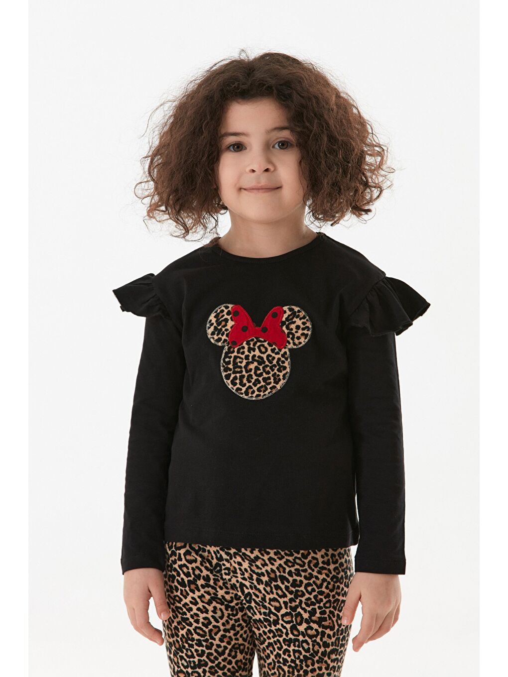 Siyah Leopar Desenli Karakter Nakışlı Kız Çocuk Flare Takım-1