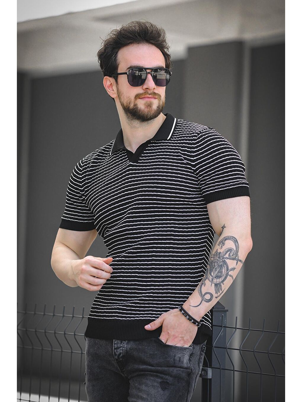 Siyah Mirko Çizgili Elastanlı Slim Fit Polo Yaka Örme Erkek Triko Tshirt