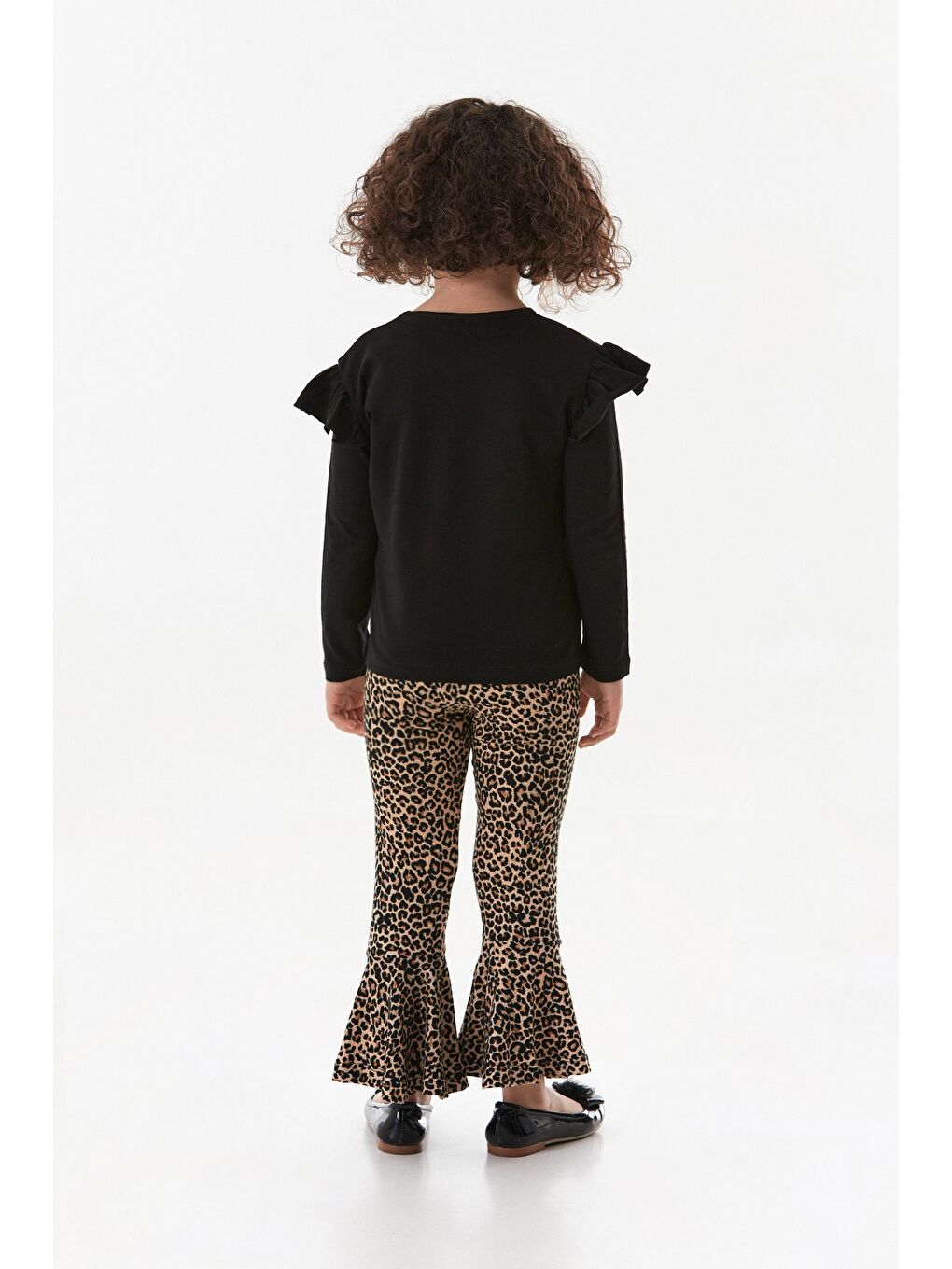 Siyah Leopar Desenli Karakter Nakışlı Kız Çocuk Flare Takım-2