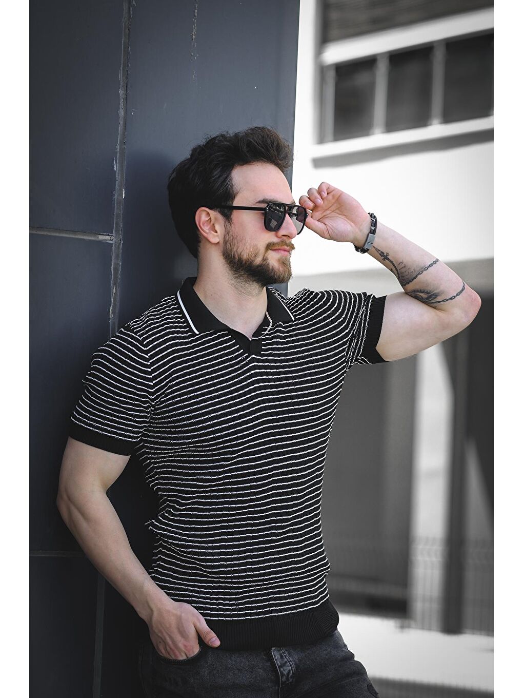 Siyah Mirko Çizgili Elastanlı Slim Fit Polo Yaka Örme Erkek Triko Tshirt-1