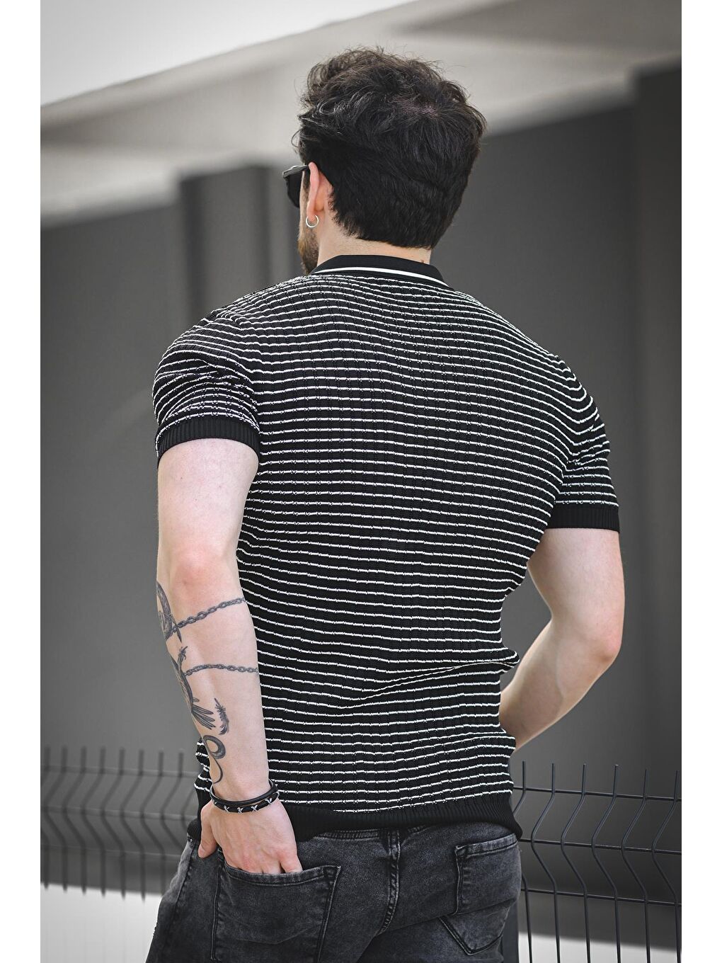 Siyah Mirko Çizgili Elastanlı Slim Fit Polo Yaka Örme Erkek Triko Tshirt-2