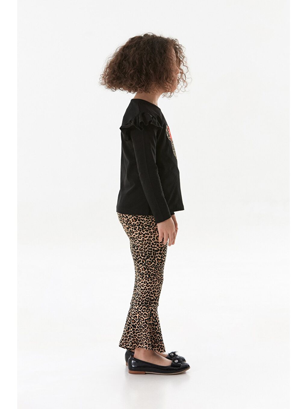 Siyah Leopar Desenli Karakter Nakışlı Kız Çocuk Flare Takım-3