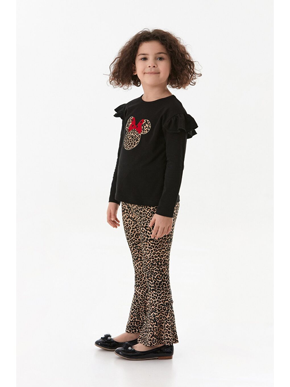 Siyah Leopar Desenli Karakter Nakışlı Kız Çocuk Flare Takım-4