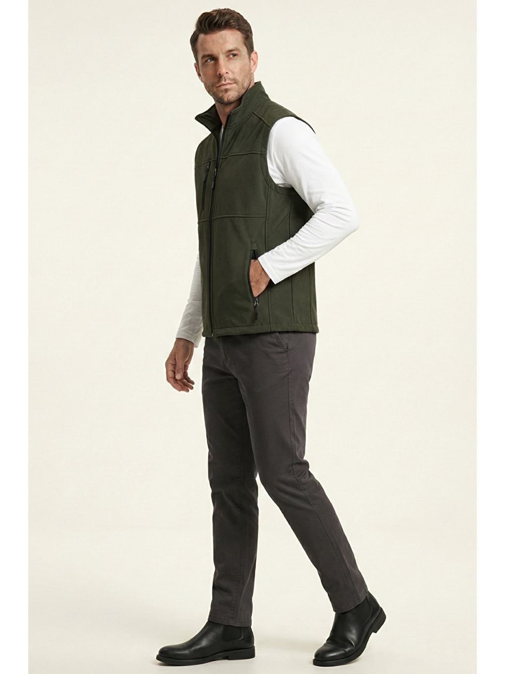 Haki Erkek Yelek Softshell Su Geçirmez Tam Fermuarlı Cepli Normal Kalıp Spor Yelek-1