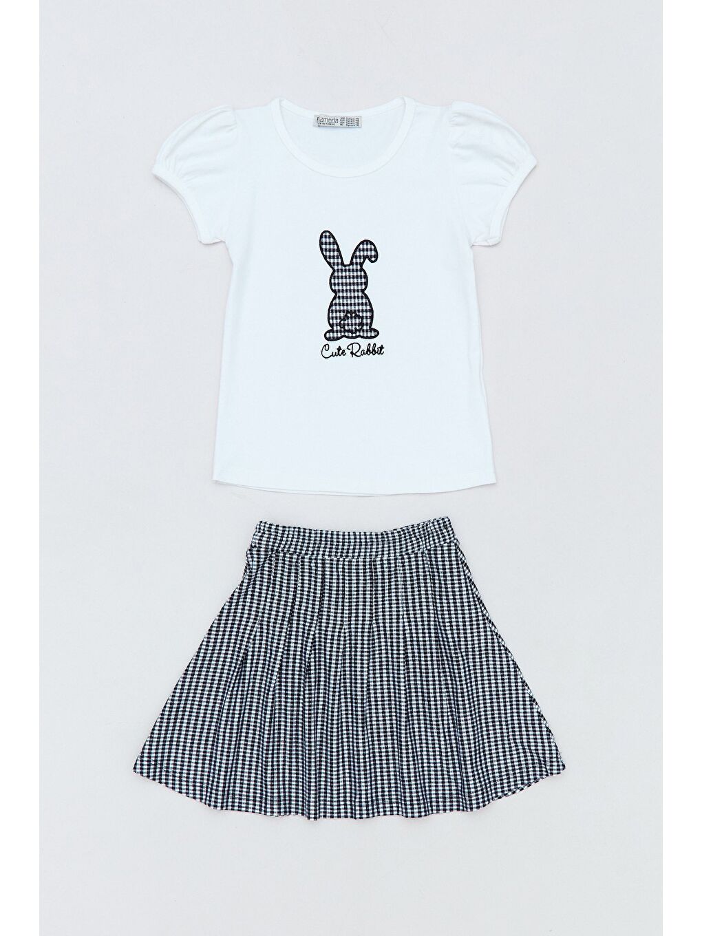 Beyaz Tavşan Nakışlı Pötikare Desenli Etekli 2 li Kız Çocuk Takım