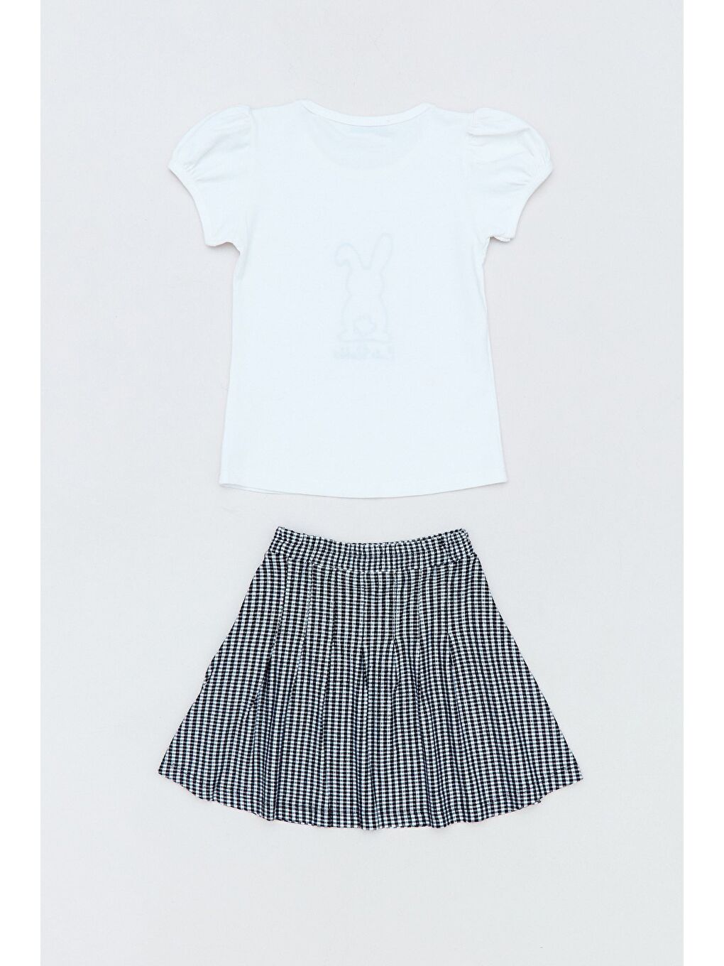 Beyaz Tavşan Nakışlı Pötikare Desenli Etekli 2 li Kız Çocuk Takım-1