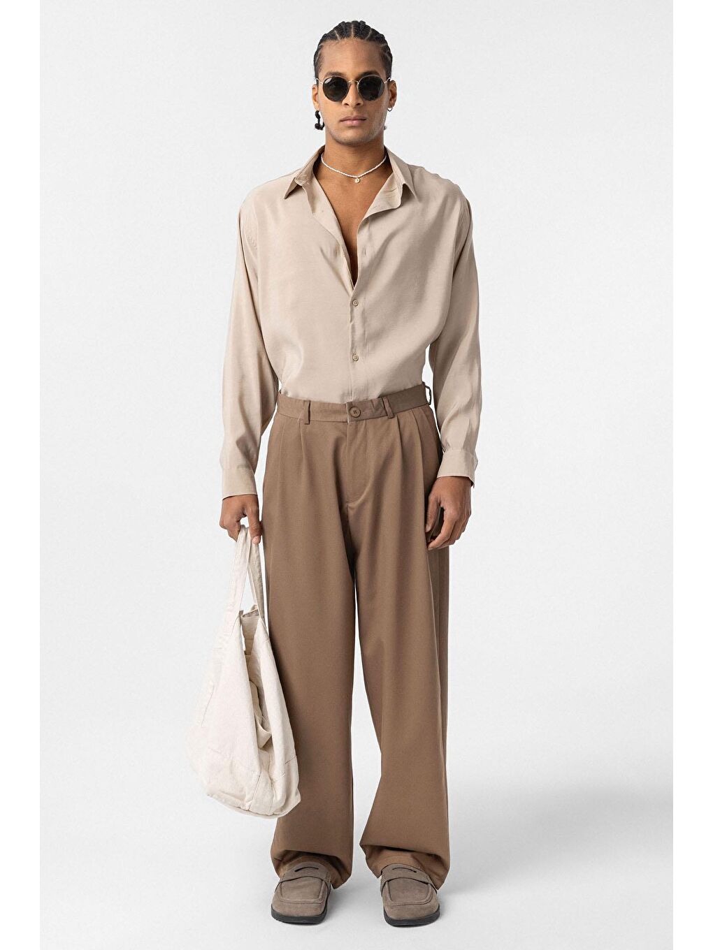 Bej Baggy Fit Pileli Kumaş Erkek Pantolon Vizon