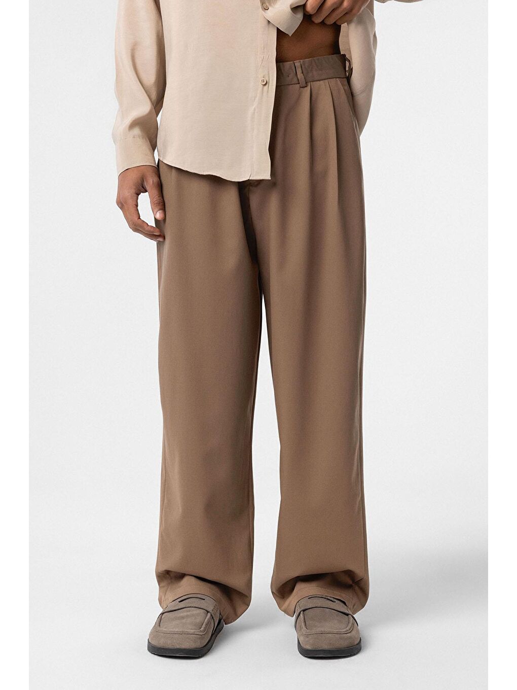 Bej Baggy Fit Pileli Kumaş Erkek Pantolon Vizon-2