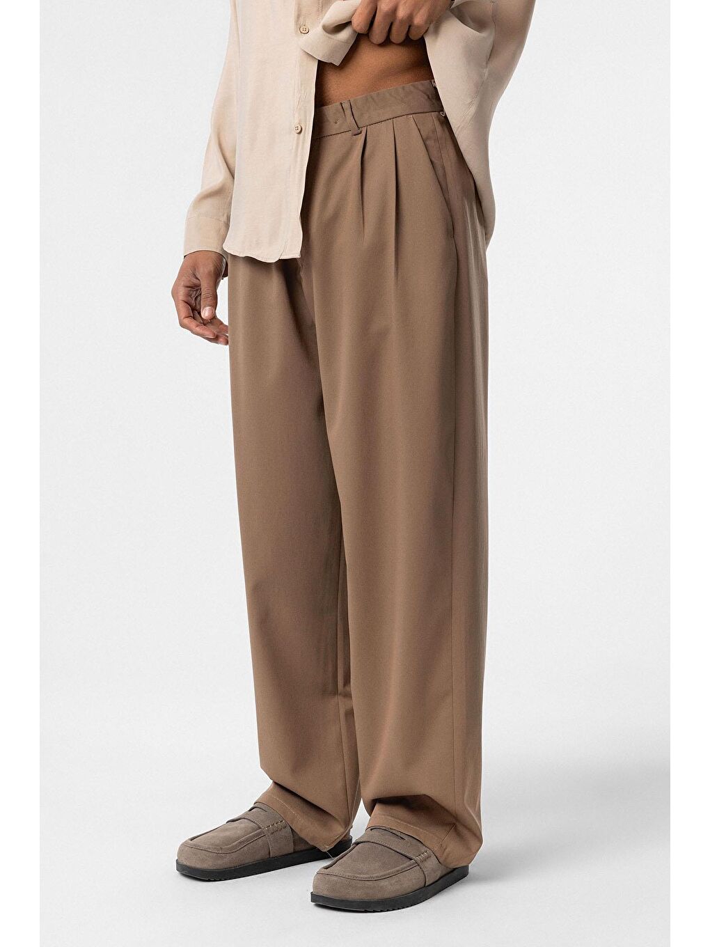 Bej Baggy Fit Pileli Kumaş Erkek Pantolon Vizon-3