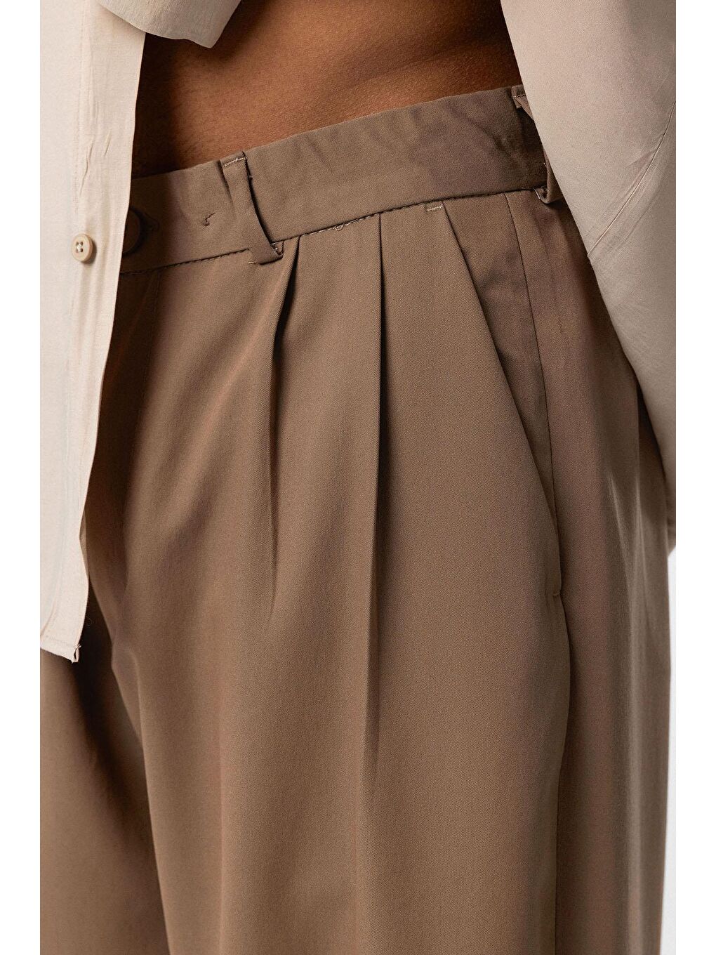 Bej Baggy Fit Pileli Kumaş Erkek Pantolon Vizon-4