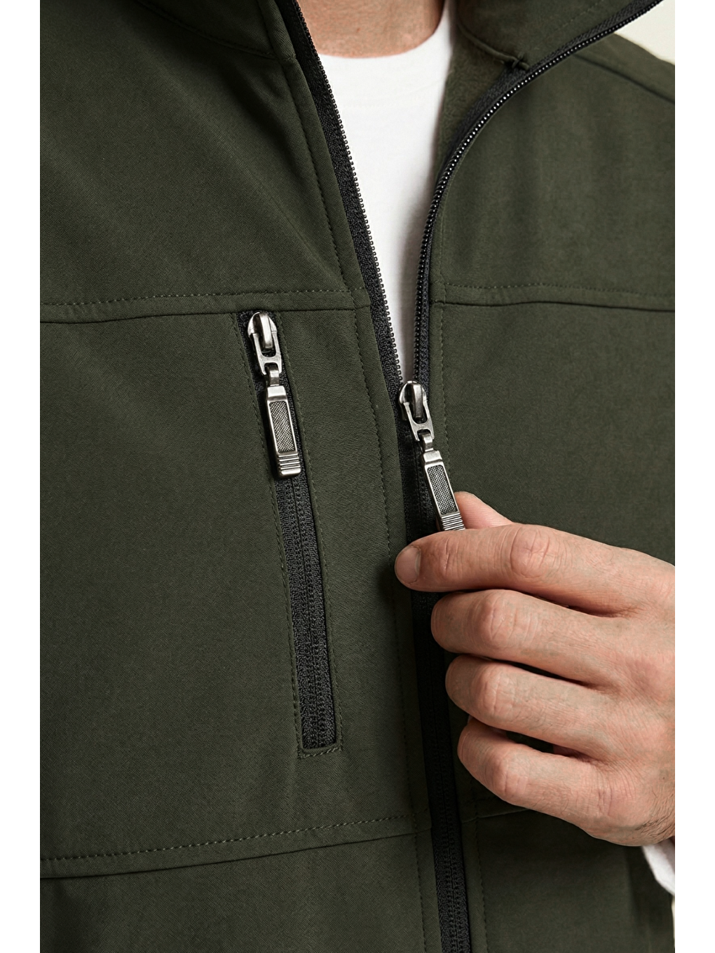 Haki Erkek Yelek Softshell Su Geçirmez Tam Fermuarlı Cepli Normal Kalıp Spor Yelek-3