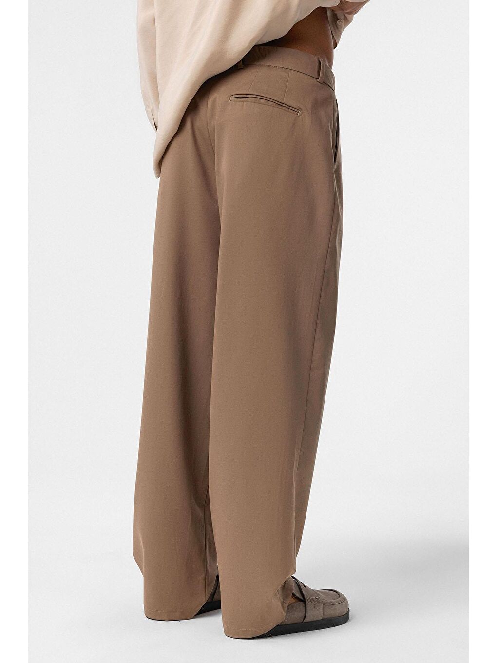 Bej Baggy Fit Pileli Kumaş Erkek Pantolon Vizon-5