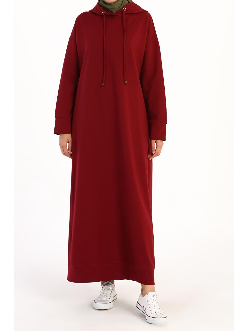 Bordo Basic Kapüşonlu Örme Pamuklu Elbise-1