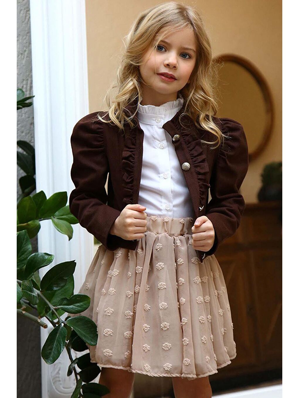 Kız Çocuk Puantiyeli Etek ve Denim Ceketli Kahverengi Etekli Takım